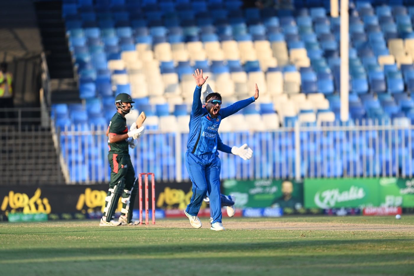 Bangladesh batsman walking off after being bowled out under stadium lights in Sharjah