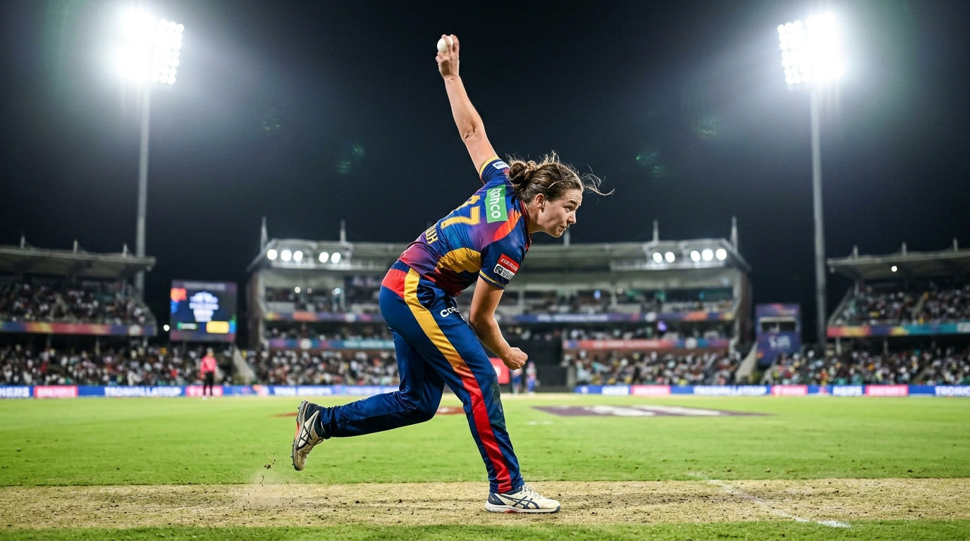 Fast bowler delivering the ball under stadium floodlights in a night T20 match