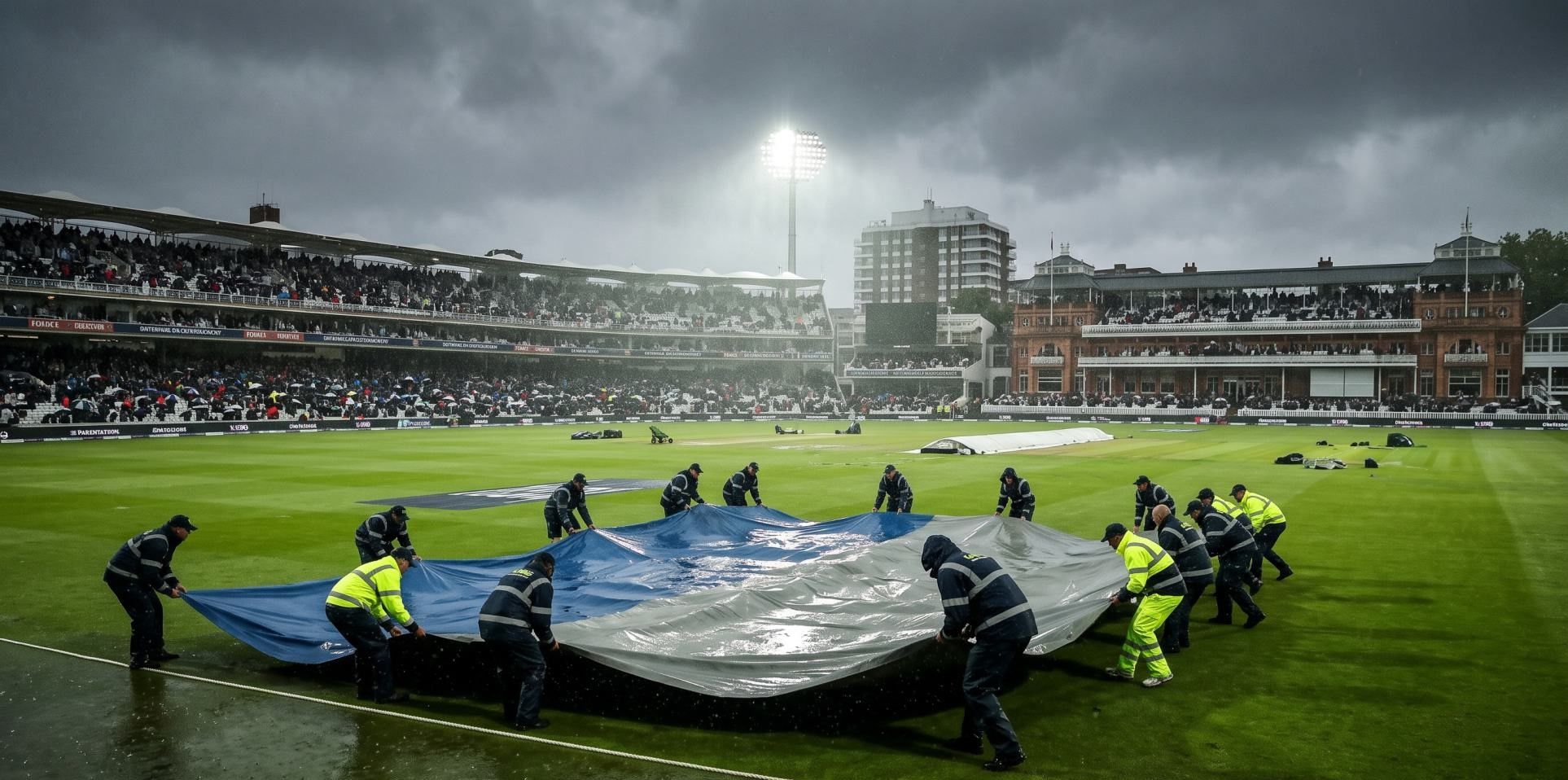 Groundstaff pulling heavy rain covers over the cricket pitch at St George's Park under overcast skies